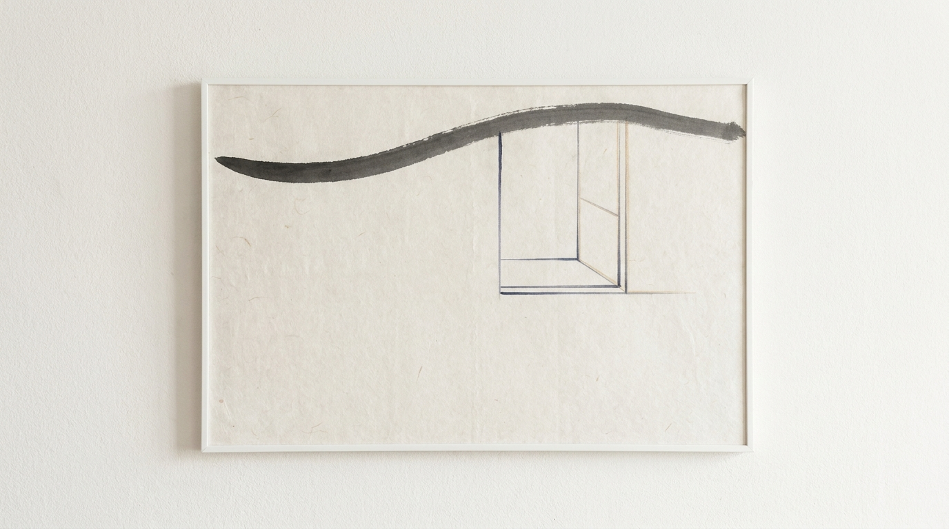 Sumi-ink brush stroke on washi paper, a faint thin-lined window quietly emerging from it